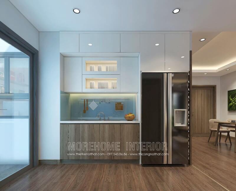 Mẫu tủ bếp hiện đại kiểu dáng chữ i, chất liệu gỗ công nghiệp đóng vai trò chủ đạo mang lại cảm giác nhẹ nhàng, tinh tế mà không kém phần tiện nghi cho người nấu Tủ bếp hiện đại, tủ bếp chữ u, tủ bếp chữ i, tủ bếp chữ l