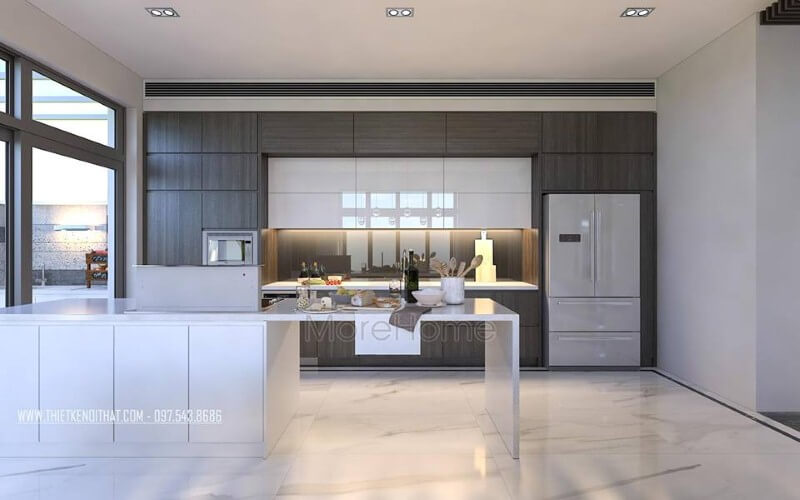 Tủ bếp đẹp, sang trọng từ gỗ công nghiệp An Cường cùng đá ốp nhân tạo cao cấp đã tạo nên vẻ đẹp hiện đại, độc đáo cho phòng bếp. Tủ bếp đẹp