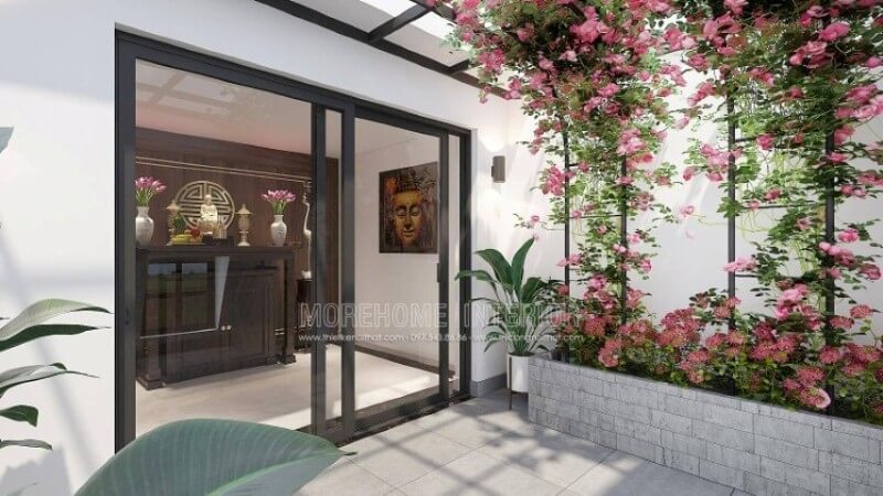 Morehome xin giới thiệu ý tưởng thiết kế phòng thờ thờ Phật Quan Âm trên đây với tủ thờ bằng gỗ óc chó cao cấp kết hợp cùng tấm gỗ ốp tường với trọng tâm chữ Thọ tạo điểm tinh tế có phía trước hướng ra vườn hoa tuyệt đẹp sẽ là mẫu phòng thờ lý tưởng cho không gian nhà phố, biệt thự. Thiết kế nội thất biệt thự