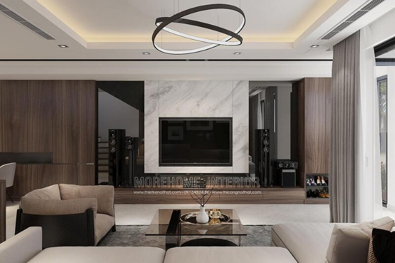 Đá ốp granite sẽ độc đáo hơn nết kết hợp vật liệu ốp phòng khách tối màu. Thiết kế nội thất biệt thự