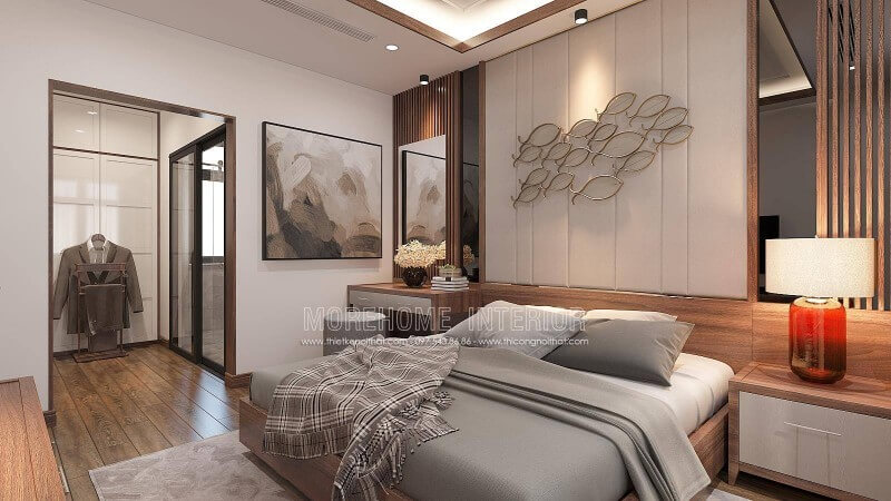 Bố trí nội thất phòng ngủ nam khép kín cùng một khoảng diện tích vừa phải thuận tiện cho việc thay đồ là một ý tưởng khá độc đáo trong biệt thự hiện đại Vinhomes Imperia Hải Phòng. Thiết kế phòng ngủ biệt thự