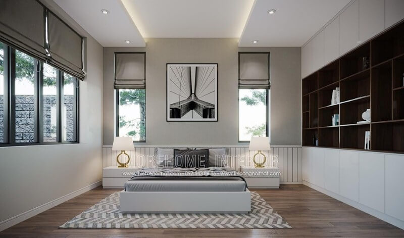 Sắp xếp nội thất phòng ngủ đẹp độc đáo với đèn trang trí phòng ngủ tinh tế. Thiết kế phòng ngủ biệt thự