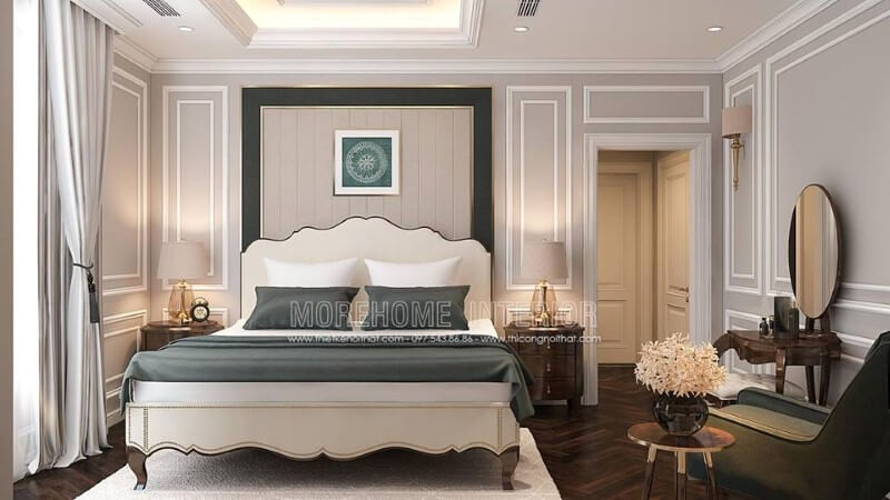 Bố trí nội thất phòng ngủ tân cổ điển sang trọng, quý phái. Thiết kế phòng ngủ biệt thự