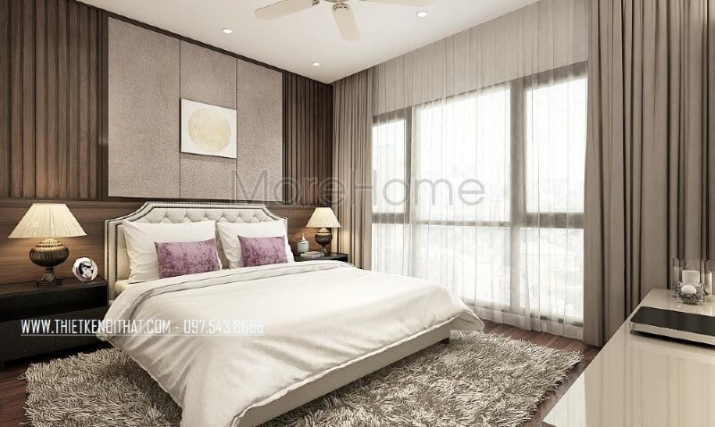 Phòng ngủ vợ chồng hiện đại, đẹp, sang trọng, thông thoáng với hệ cửa kính lớn luôn đón nắng nhưng cũng giúp ngăn nóng kịp thời với rèm 2 lớp. Thiết kế phòng ngủ biệt thự