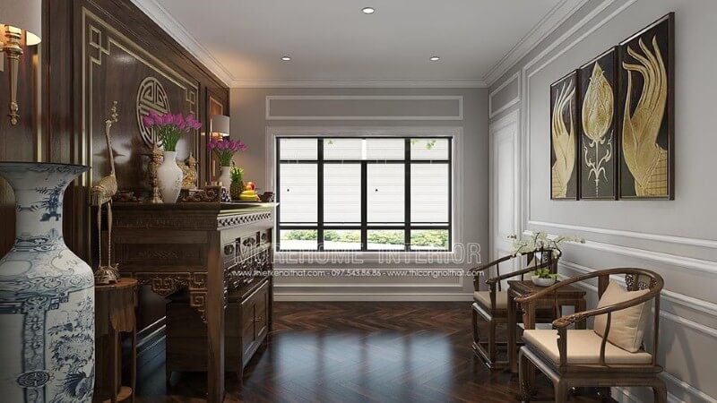 Sắp xếp nội thất gỗ cao cấp cùng cách phối màu, trang trí tạo nên vẻ đẹp trang nghiệm, sang trọng cho phòng thờ. Mẫu nội thất biệt thự đẹp