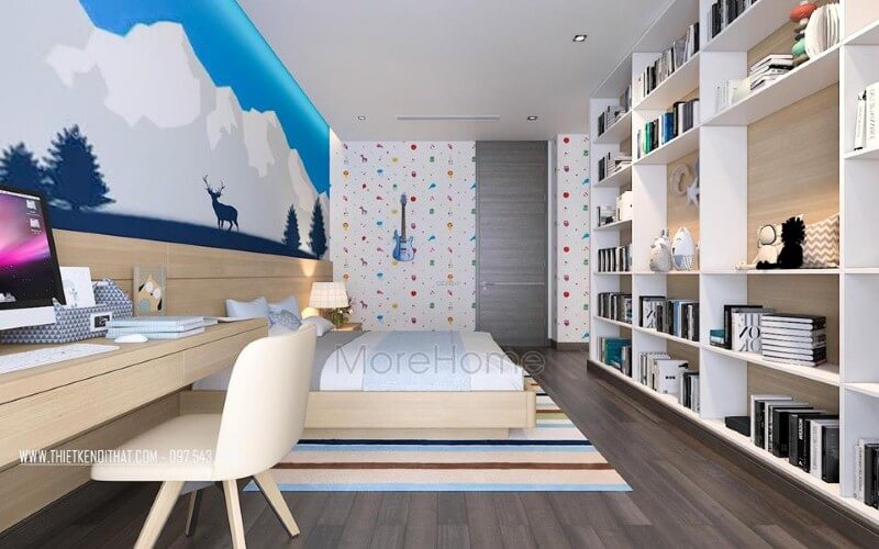 Sắp xếp nội thất phòng ngủ con trai đẹp, sinh động với tranh, giấy dán tường bắt mắt. Mẫu nội thất biệt thự đẹp