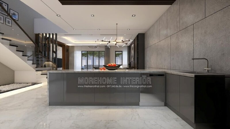 Mẫu bàn đảo bếp độc đáo với trang trí nội thất hiện đại sang trọng từ bộ tủ gỗ công nghiệp acrylic An Cường được phủ bề mặt đá ốp nâu vân chỉ đẹp sang trọng. Thiết kế tủ bếp biệt thự sang trọng