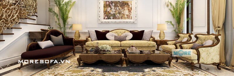 Phòng khách trở nên sang trọng, ấm cúng hơn khi có bộ Sofa tân cổ điển đẹp kết hợp cùng ghế lười, bàn trà, tab cùng chất liệu Sofa tân cổ điển cao cấp