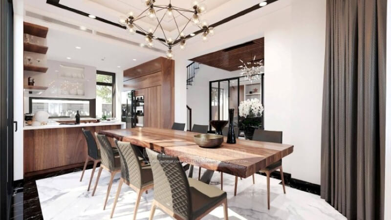 Sẽ là một gợi ý sáng tạo sẽ khiến bạn thích thú như trong mẫu thiết kế không gian bếp hiện đại biệt thự Vinhomes Imperia Hải Phòng trong đây, thiết kế kệ trang trí ở vị trí gần bàn ăn nhất giúp bạn lấy ly, chén một cách thuận tiện.