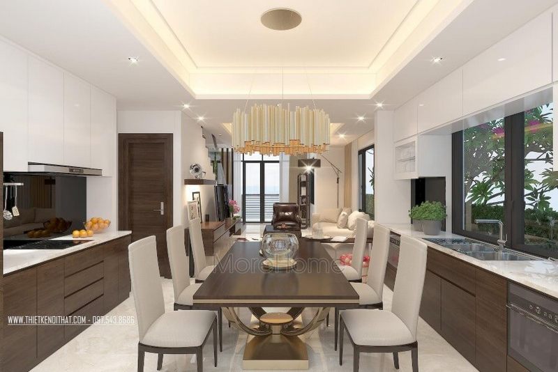 Mẫu bàn ăn với thiết kế khung gỗ tự nhiên bọc nệm da màu trắng đơn giản và tinh tế từ chân bàn mạ vàng độc đáo sang trọng