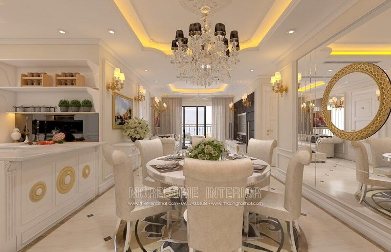 Mẫu bàn ăncao cấp với thiết kế độc đáo mặt bàn kính hình tròn kết hợp mẫu ghế ăn bọc da màu be cao cấp tạo điểm nhấn nổi bật cho căn phòng