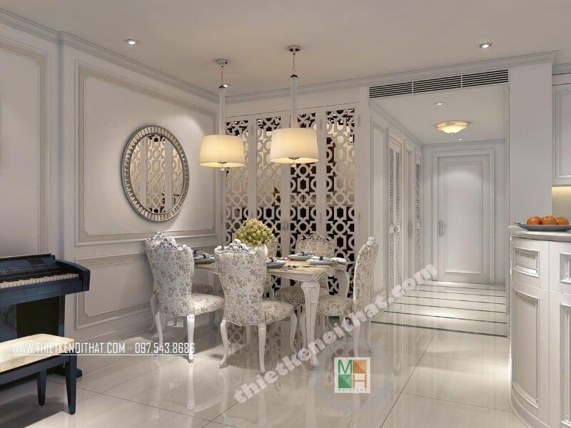 Trang trí nội thất phòng ăn chung cư theo lối tân cổ điển mang đến cho gia chủ một không gian sang trọng và lạ mắt hơn