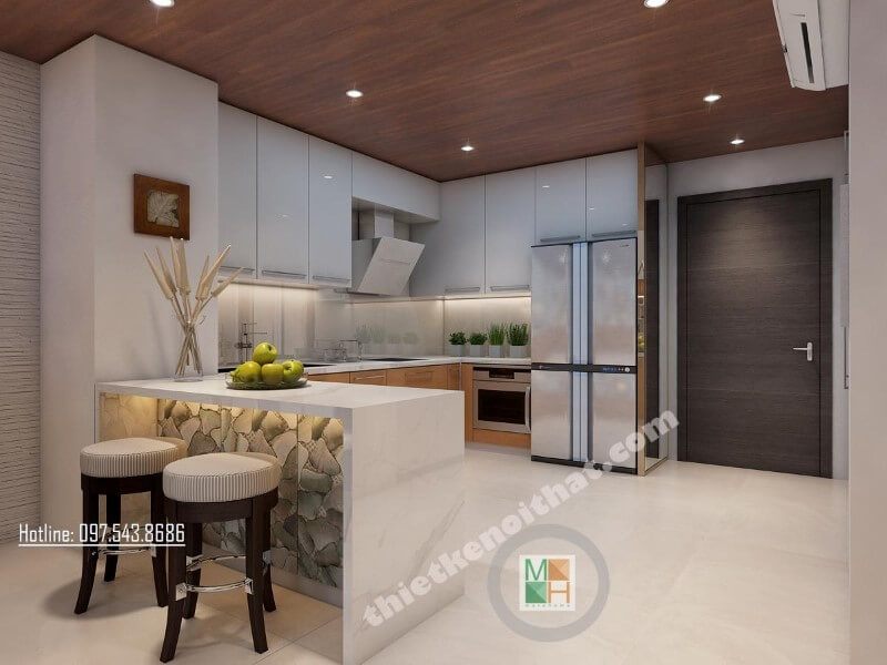 Thiết kế nội thất phòng bếp gọn gàng và ngăn nắp không quá nổi bật về tính thẩm mỹ nhưng vẫn toát lên sự tinh tế và sang trọng