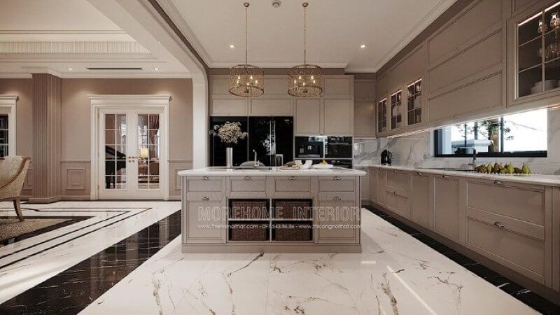Trang trí nội thất phòng bếp sang trọng ấn tượng với bộ tủ bếp tân cổ điển cao cấp, quý phái.