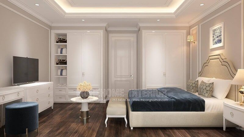 Tủ quần áo được thiết kế âm tường màu trắng giúp tiết kiệm được không gian cho phòng ngủ