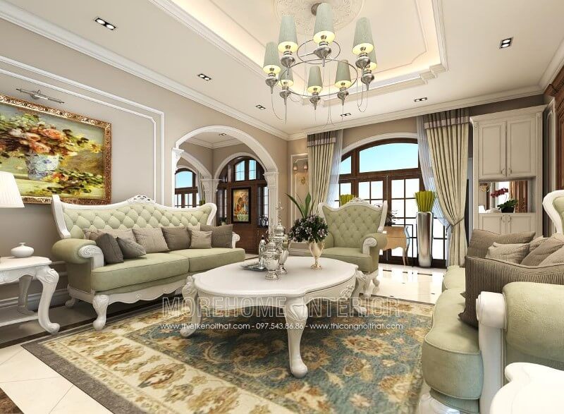 Sofa tân cổ điển MS-049 gỗ tự nhiên sơn trắng, bọc nỉ rút múi màu xanh ngọc nhẹ nhàng mang phong cách hoàng gia, quý tộc cho phòng khách nhà phố