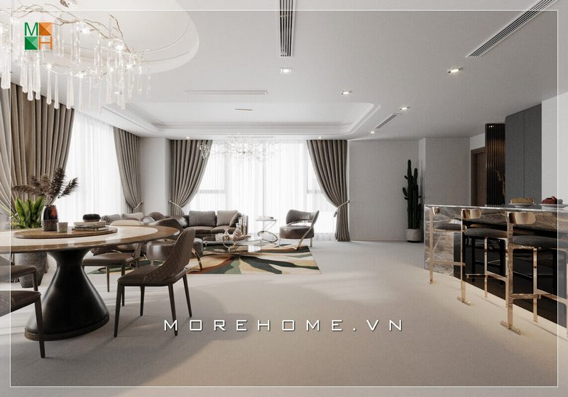 Mẫu thiết kế nội thất hiện đại có không gian liền mạch giữa các phòng, từ phòng ăn liền bếp đến phòng khách, giúp gia chủ dễ dàng di chuyển và sử dụng. Nó phù hợp với các không gian nhà phố sang trọng, biệt thự đẳng cấp và chung cư cao cấp.