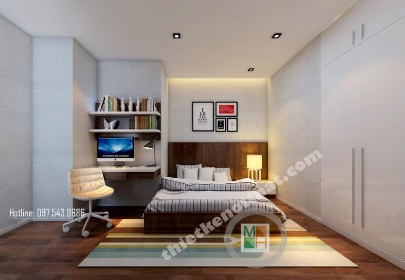 Thiết kế phòng ngủ hiện đại, trẻ trung và sắc nét cho căn hộ chung cư.