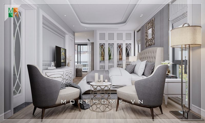 Mẫu thiết kế phòng ngủ cổ điển với sắc trắng làm nổi bật sự sang trọng của căn phòng ngủ biệt thự, nhà phố.