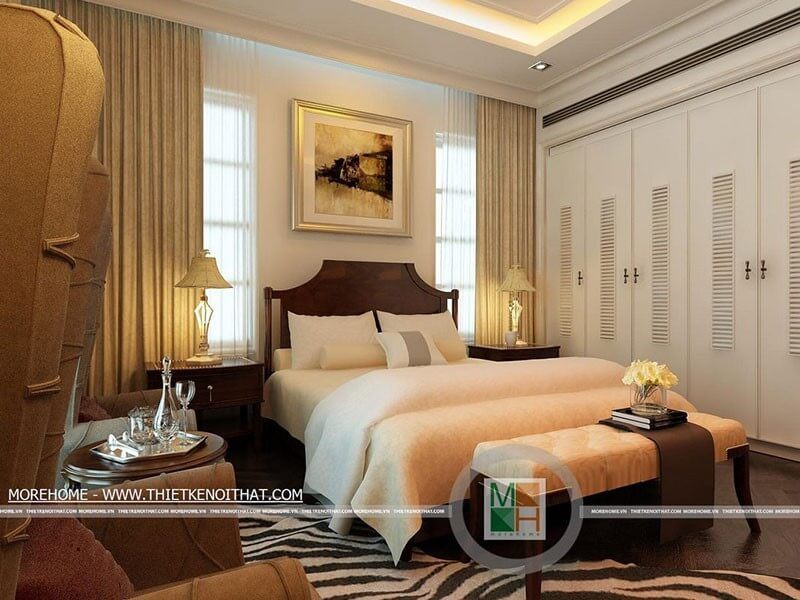 Sofa đôn gỗ tự nhiên trong phòng ngủ có kiểu dáng tân cổ điển sang trọng và tiện nghi.